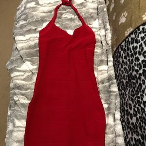 Red bandage halter dress.
